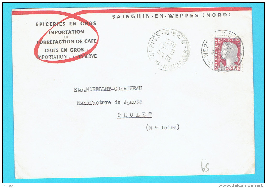 Enveloppe Commerciale Epicerie Torréfaction Café Oeufs  59 Nord Sainghin En Weppes  Cachet 1962 - Other & Unclassified