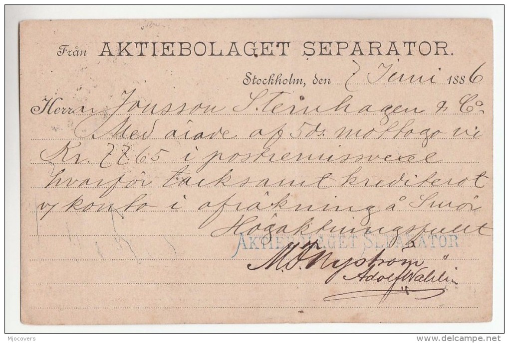 1886 Stockhom SWEDEN Postal STATIONERY CARD Aktiebolaget Separator Cover Stamps - Postal Stationery