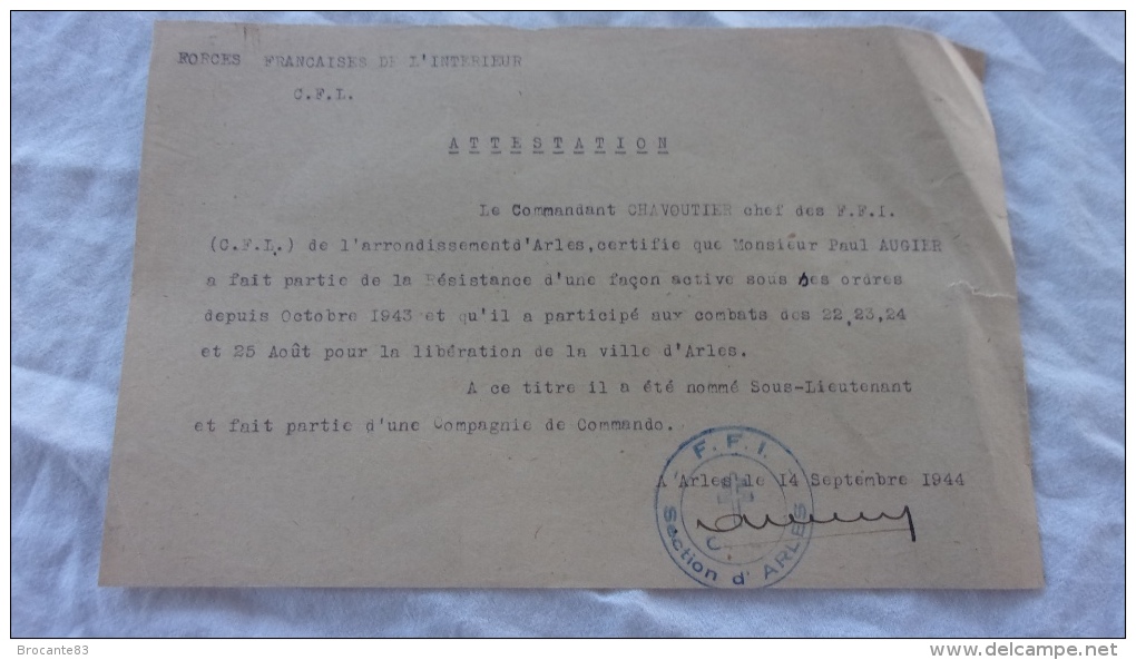 NOMINATION AU GRADE DE SOUS LIEUTENANT DANS LES FFI D ARLES EN SEPTEMBRE 1944 - Documenti