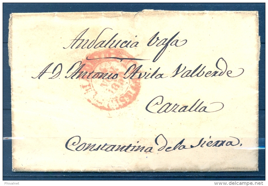 1850 , CARTA CIRCULADA ENTRE MADRID Y CONSTANTINA ( SEVILLA ) , TRÁNSITO DE LEBRIJA . " S.L.B. / ANDALUCIA / VAXA " - ...-1850 Prephilately