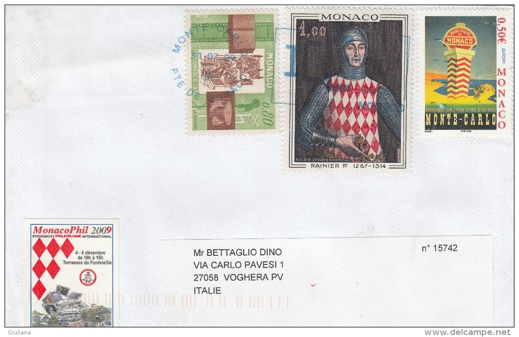 Monaco 2009    - Lettera     X L´Italia Affrancata  Con 3  Stamps - Covers & Documents