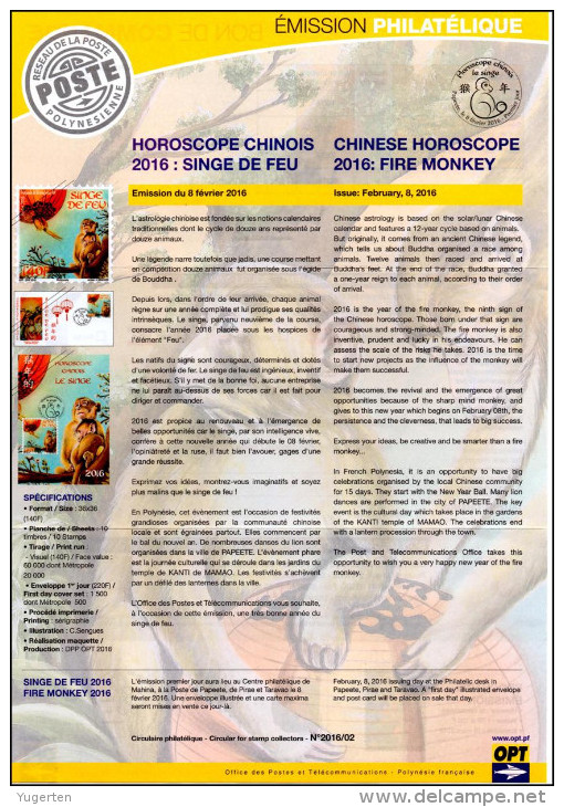 French Polynesia Polynésie 2016 Notice Folder Chinese Horoscope Fire Monkey Affe Feuer Astrology - Astrologie