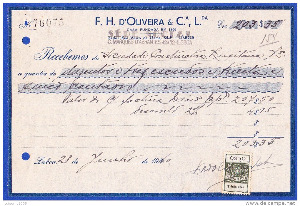 1940 . PORTUGAL -  REVENUE / TIMBRE FISCAL  SÉRIE 1929 - $30 . TRINTA CENTAVOS - Cartas & Documentos