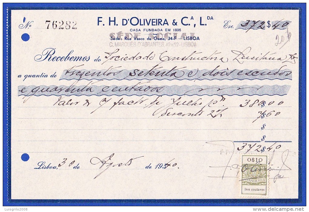 1940 . PORTUGAL - REVENUE / TIMBRE FISCAL  SÉRIE 1929 - $10 . DEZ CENTAVOS - Lettres & Documents