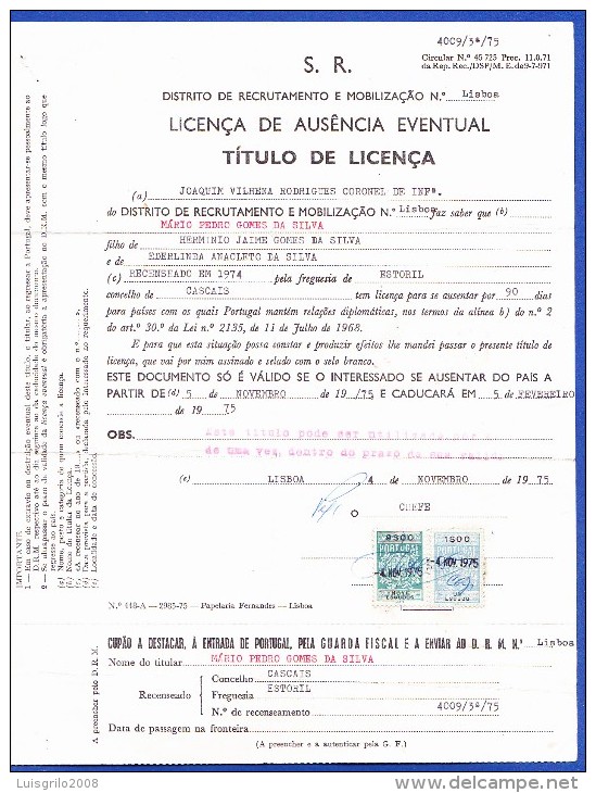 1975 . PORTUGAL - REVENUE / TIMBRES FISCAUX  SÉRIE 1940, 9$00 + 1$00 SUR LICENCE MILITAIRE / LICENÇA MILITAR - Cartas & Documentos