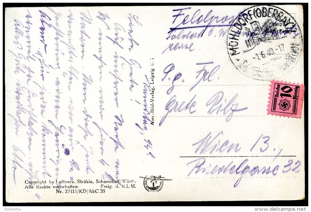Mühldorf Am Inn, 1.6.1940, Strähle - Luftbild, Freigegeben D. R.L.M.,Feldpost, Zusatzmarke 10 Reichspfennnig, HK - Muehldorf