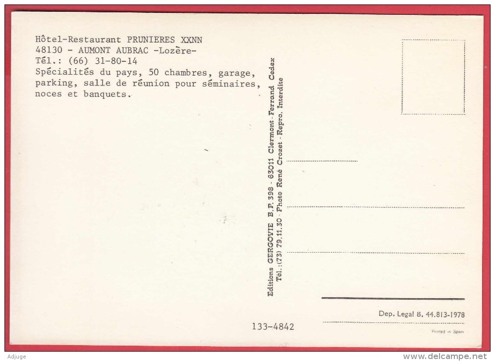 CPM * 48 * AUMONT-AUBRAC * 1970 * Restaurant Prunières  ** TBE * Scan Recto/verso - Aumont Aubrac