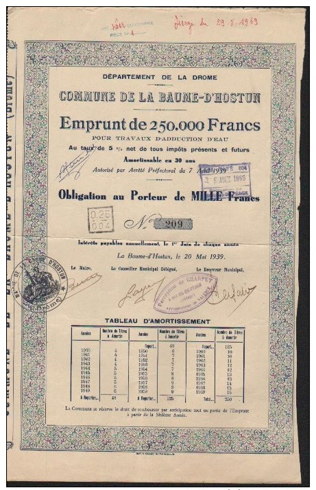 Obligation  Au Porteur De 1000  Francs Commune DE LA BAUME D'HOSTUN  Drôme 1939 - A - C