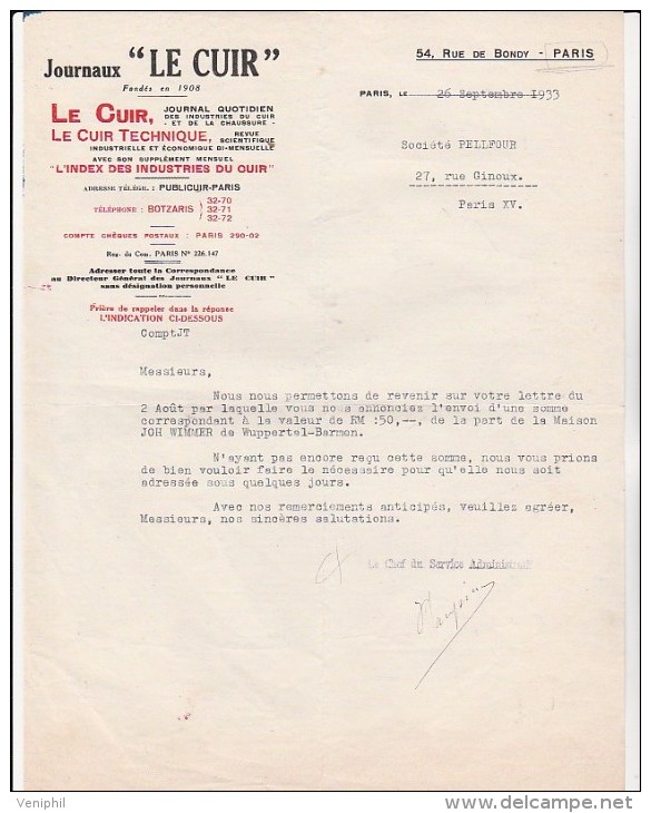 LETTRE A ENTETE JOURNAUX "LE CUIR" PARIS - ANNEE 1933 - Andere & Zonder Classificatie