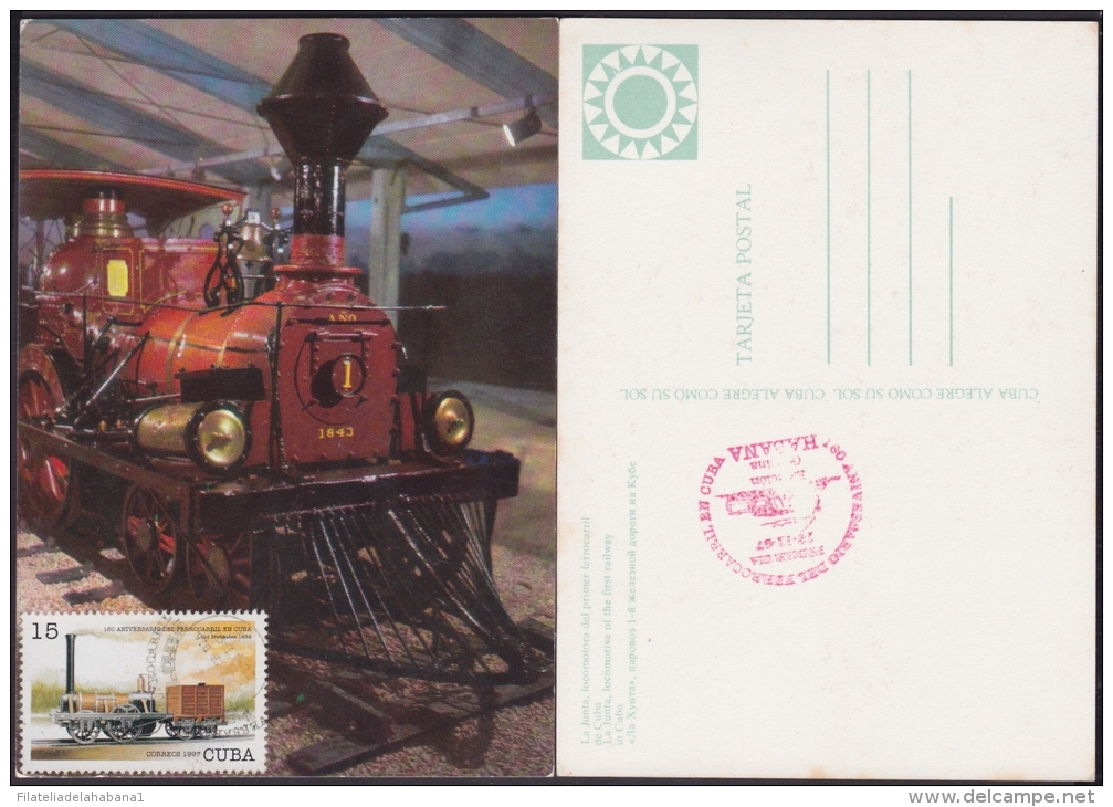 TMA-46 CUBA 1997 TARJETA MAXIMA. FEROCARRIL RAILROAD TRAIN LOCOMOTIVE. - Cartes-maximum