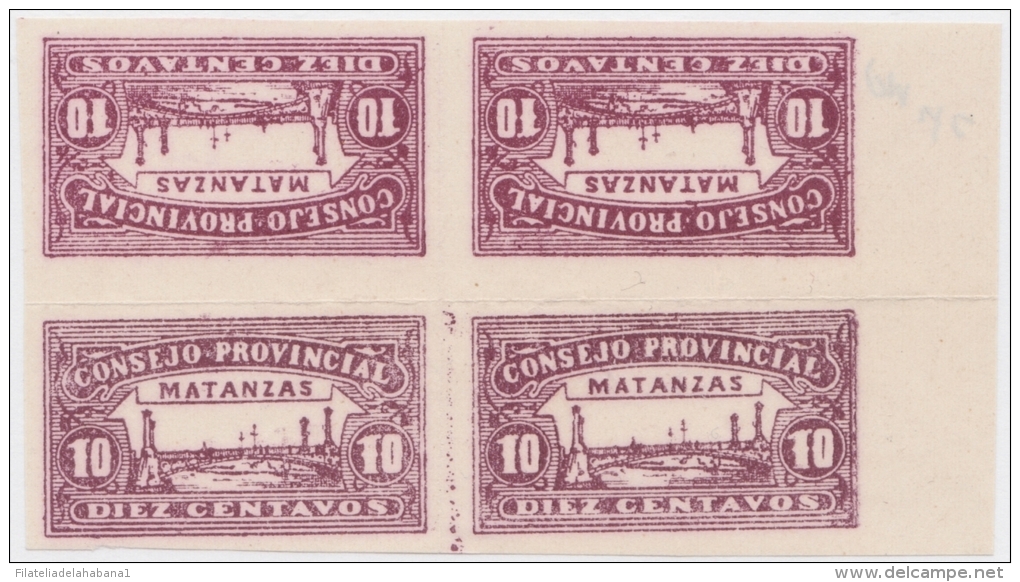 REP-19 CUBA REPUBLICA REVENUE. MATANZAS LOCAL STAMP. 10c BLOCK 4 TETE BECHE IMPERFORATED. - Timbres-taxe