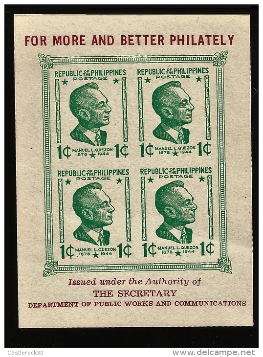 E)1944 PHILIPPINES, FOR MORE AND BETTER PHILATELY, MANUEL L. QUEZON, IMPERFORATED,SOUVENIR SHEET, MNH - Philippines