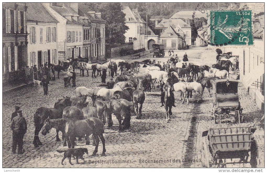 TOP CARTE POSTALE DOULLENS SOMME RECENSEMENT DES CHEVAUX SIMONIN PHOTOS DOULLENS CIRCULEE TIMBREE 1920 - Doullens