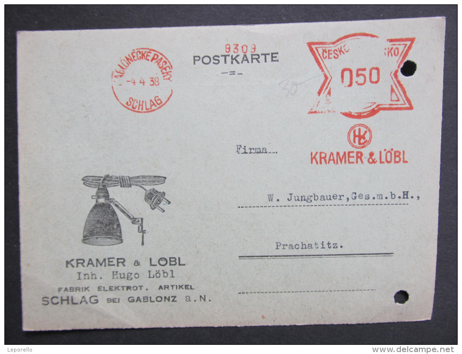 Brief Frankotype Postfreistempel Schlag Jablonecke Paseky 1938 Kramer  /// S5063 - Briefe U. Dokumente