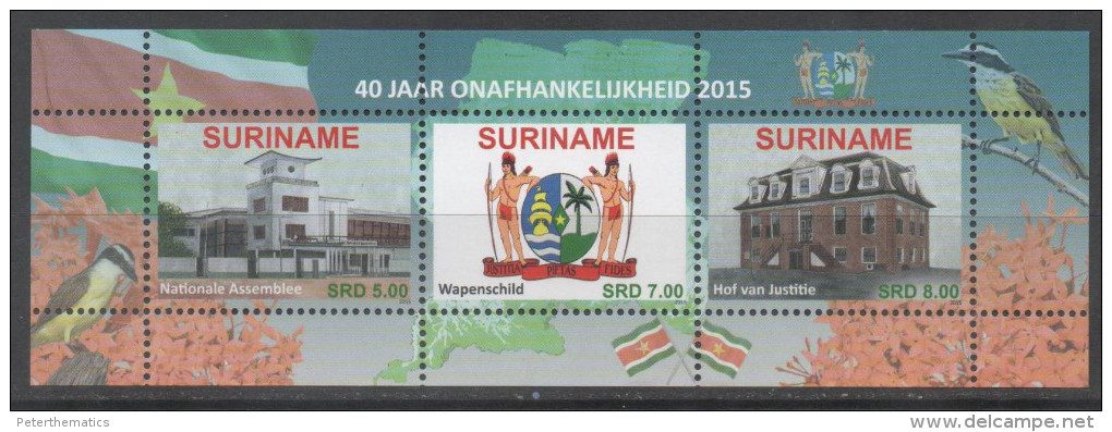 SURINAME, 2015, MNH, 40 YEARS INDEPENDENCE, NATIONAL ASSEMBLY, COAT OF ARMS, BIRDS, SHEETLET OF 3v - Other & Unclassified