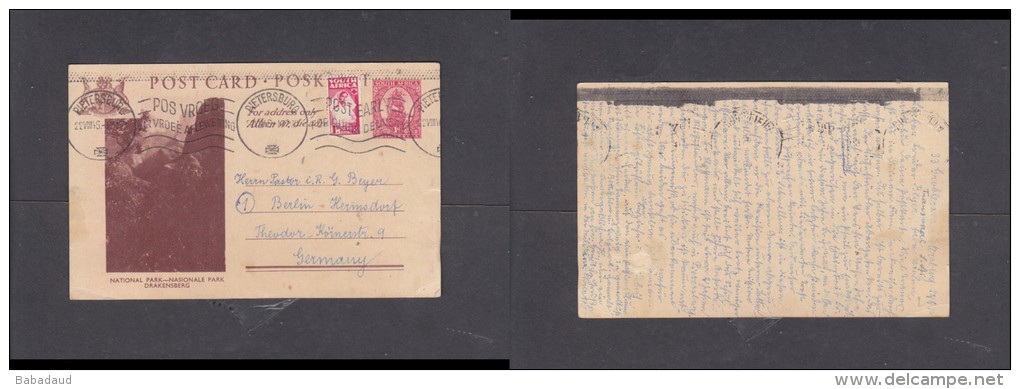 South Africa, 1946,  1d Postal Card (Drakensberg) Uprated  + 1d War Effort (nurse)PIETERSBURG  C.d.s. &gt;Germany - Brieven En Documenten