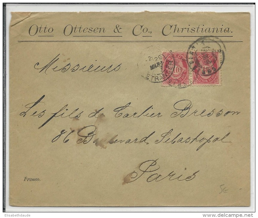 NORGE - 1897 - ENVELOPPE COMMERCIALE De CHRISTIANIA Pour PARIS - CACHET D'ARRIVEE SUR LE TIMBRE - Storia Postale