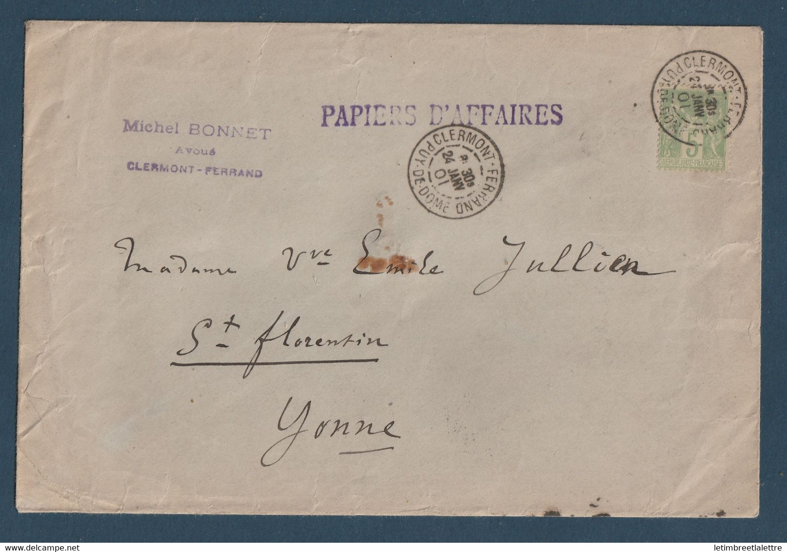 ⭐ France - YT N° 102 Sur Lettre - Papiers D'Affaires - Pour Saint Florentin Le 24 Janvier 1901 ⭐ - 1877-1920: Période Semi Moderne