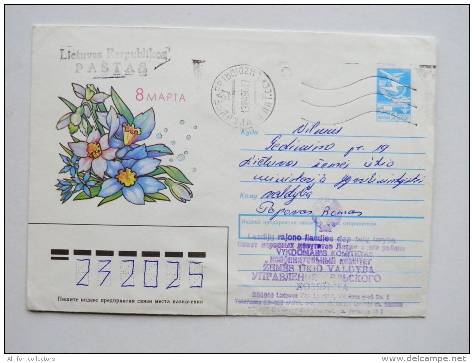 Postal Stationery Cover Ussr Sent From Lithuania 1990 Cancel LIETUVOS RESPUBLIKOS PASTAS Lazdijai Flowers - Lituanie