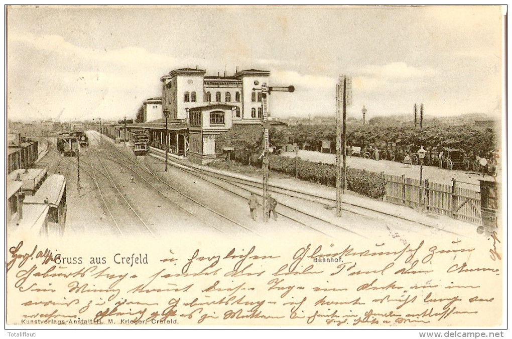 Gruss Aus CREFELD Bahnhof Gleisanlage Mit Zug Krefeld Grünlich Belebt 13.10.1902 Gelaufen - Krefeld