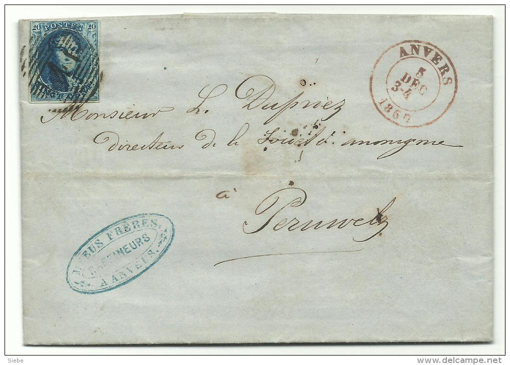 7 Op Brief - Anvers 5 DEC 1857 Naar Perulwez - 4 Boorden - Postmarks - Lines: Distributions