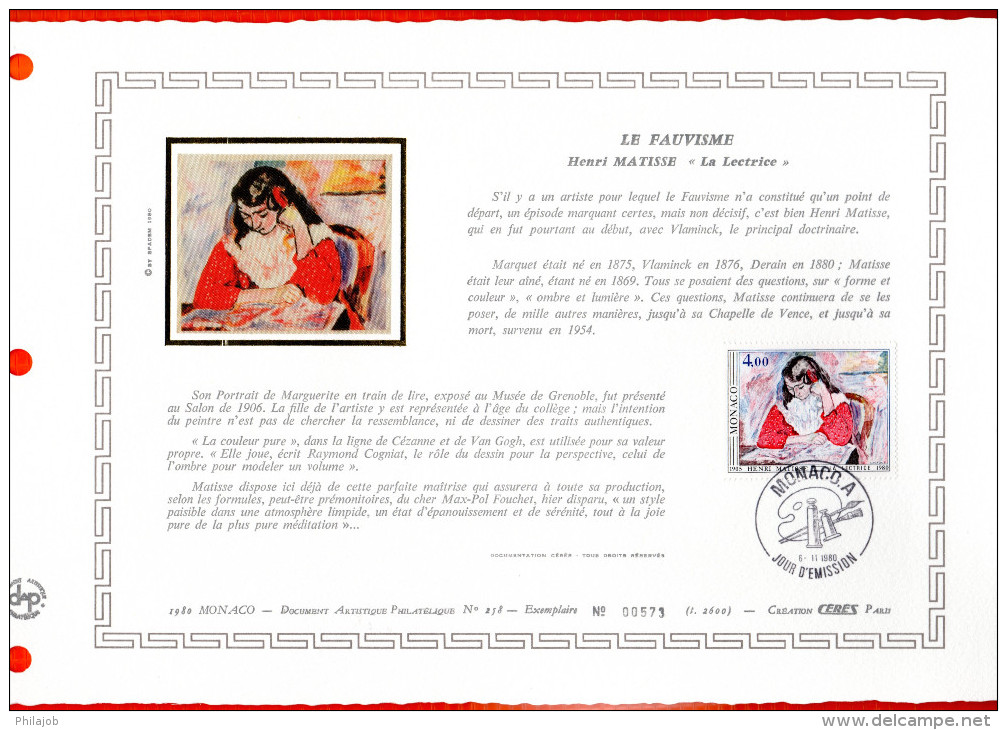 MONACO 1980 : DAP 1er Jour Nté / Soie (2600 Ex.) " LE FAUVISME : OEUVRE DE MATISSE " N° YT 1243. Parf état. - FDC