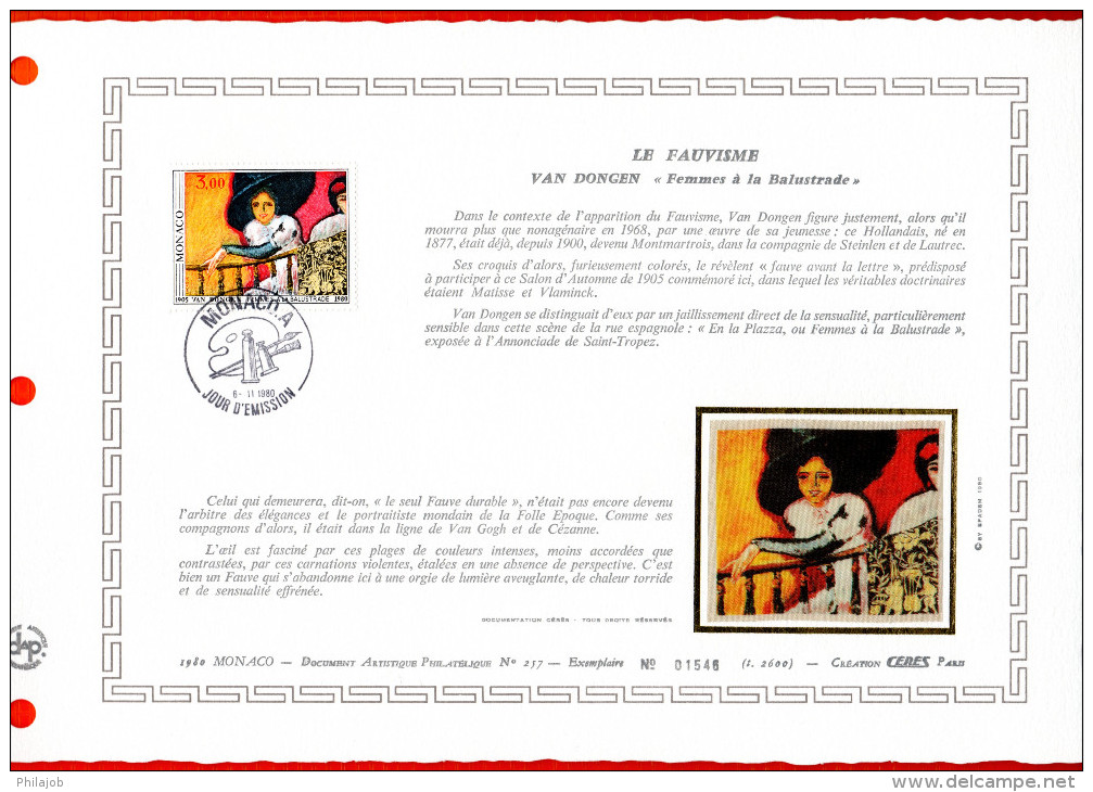 MONACO 1980 : DAP 1er Jour Nté / Soie (2600 Ex.) " LE FAUVISME : OEUVRE DE VAN DONGEN " N° YT 1242. Parf état. - FDC