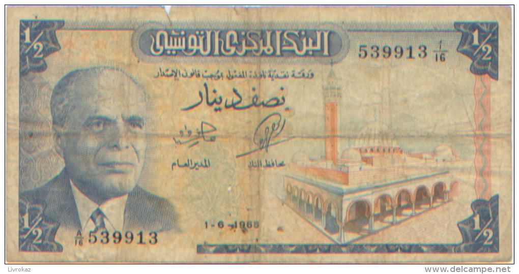 Banque Centrale De Tunisie, Un Demi-dinar, 1-6-1965, Habib Bourguiba, Bon état - Tusesië