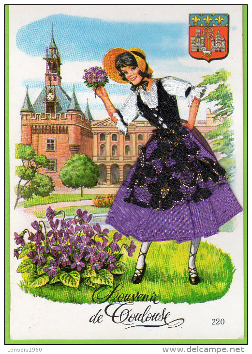 SOUVENIR DE TOULOUSE. JOLIE CARTE BRODEE.BLASON DE TOULOUSE.  VIOLETTES. - Toulouse