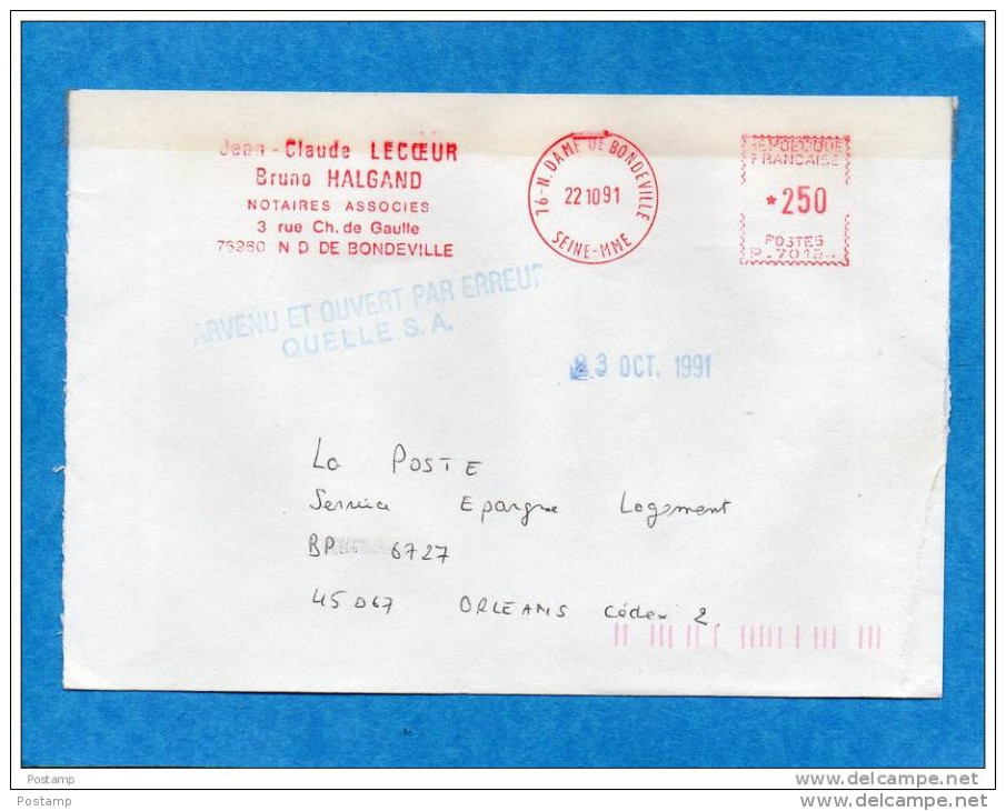 MARCOPHILIE-  Lettre "FD"oblit EMA Rouge-1991-erreur De Destination QUELLE-ouvert Par Erreur-réexpédiée - Autres & Non Classés