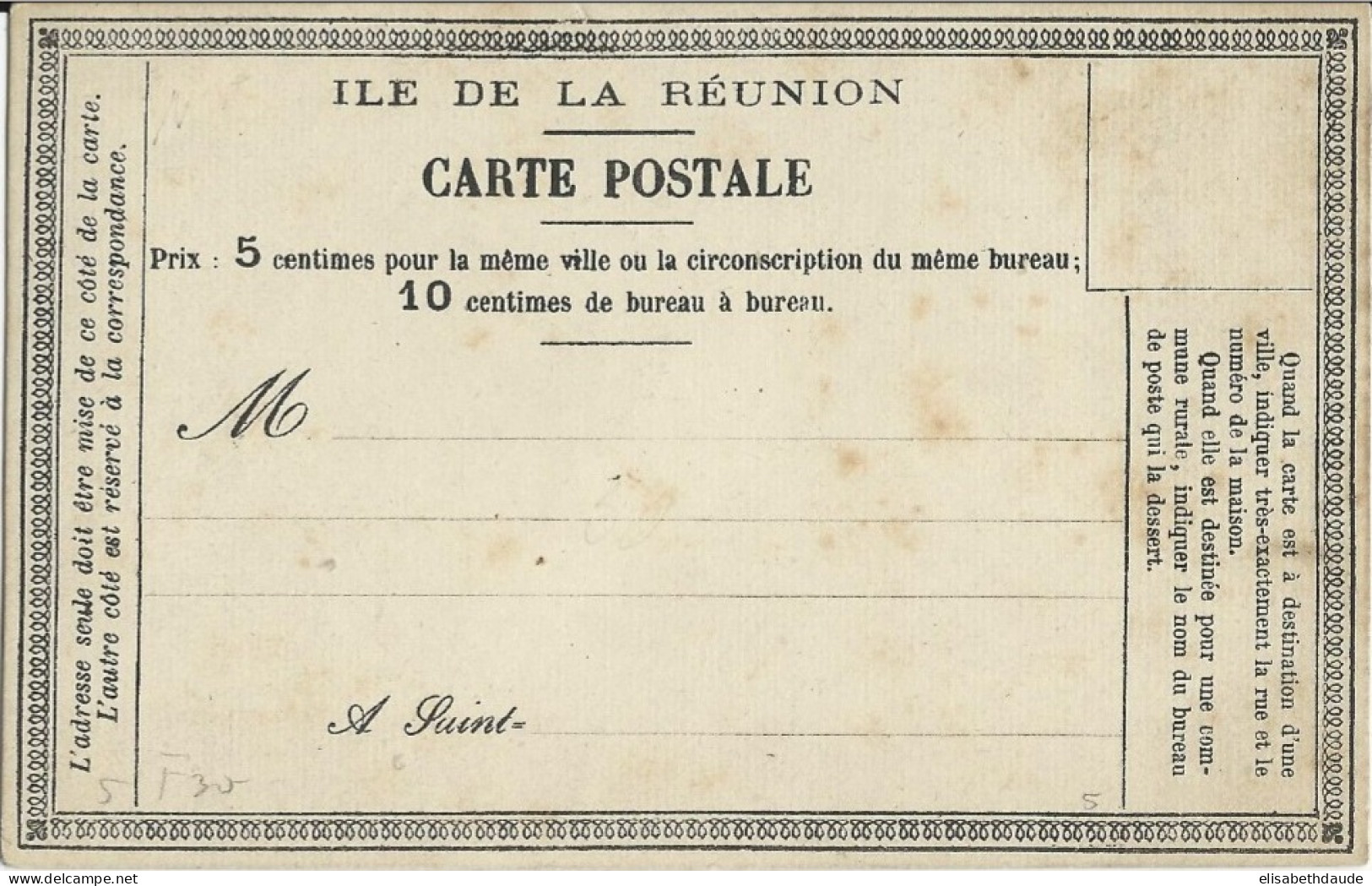 REUNION - RARE CARTE PRECURSEUR ENTIER REF SINAIS : N°32 - NEUVE - Covers & Documents