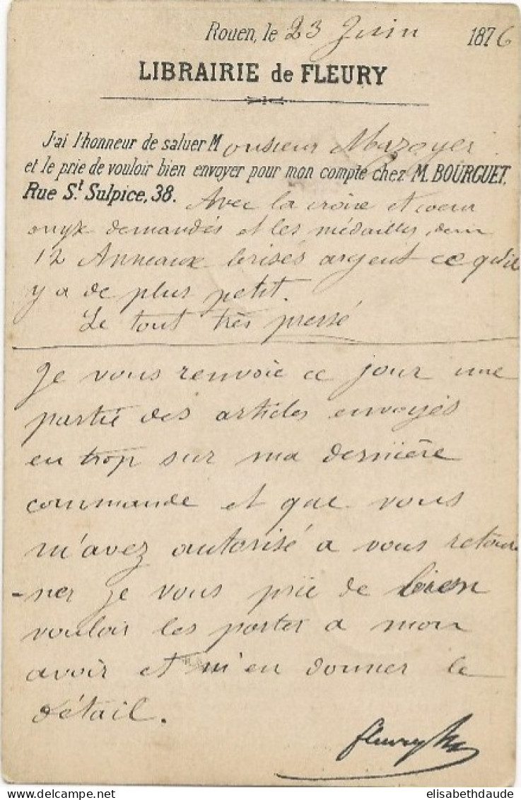 SEINE INFERIEURE - 1876 - CARTE PRECURSEUR ENTIER TYPE CERES Avec REPIQUAGE (LIBRAIRIE FLEURY) De ROUEN - Precursor Cards