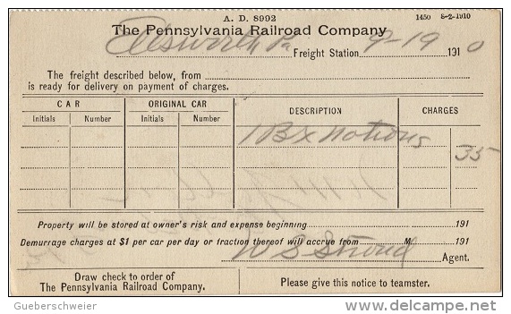 TR-L175 - ETATS-UNIS Entier Postal De La The Pennsylvania Railroad Company Carte De Chargement 1910 - 1901-20