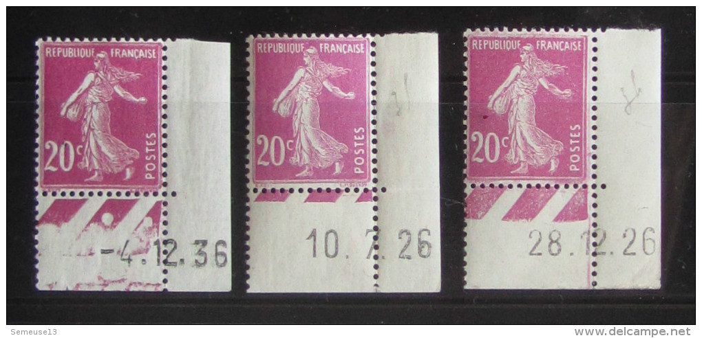 Semeuse 20 C. Lilas Rose 190 : 3 Timbres Avec Coin Daté 2 Types Différents - 1906-38 Säerin, Untergrund Glatt