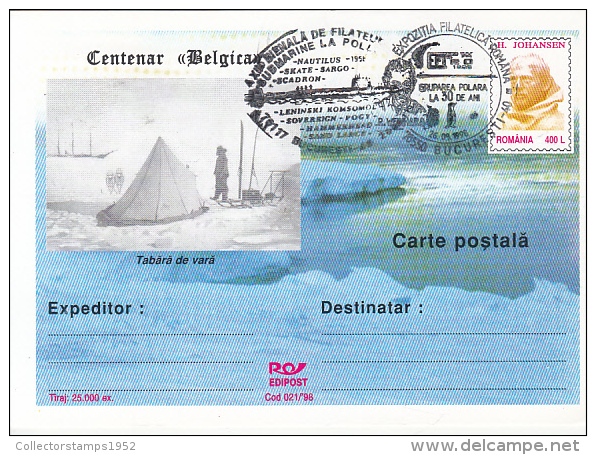 38157- BELGICA ANTARCTIC EXPEDITION, SHIP, PENGUIN, H. JOHANSEN, POSTCARD STATIONERY, OVERPRINT STAMP, 1998, ROMANIA - Expediciones Antárticas