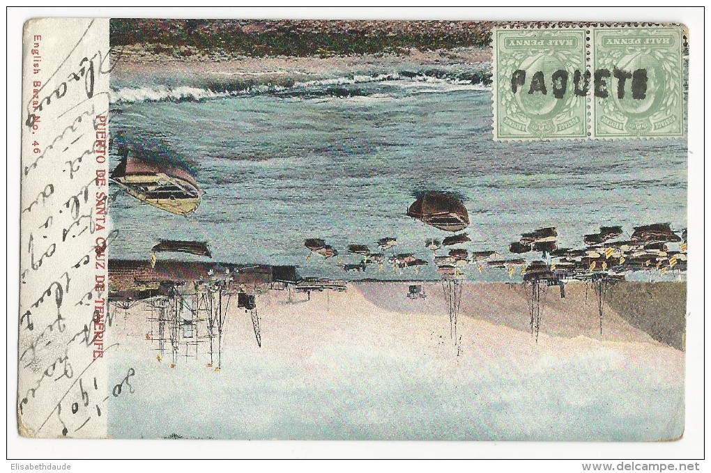 GB - 1905 - CARTE De TENERIFE (CANARIES) OBLITERATION MARITIME "PAQUETE" Sur TIMBRES ANGLAIS - TRANSIT LISBOA (PORTUGAL) - Marcofilia