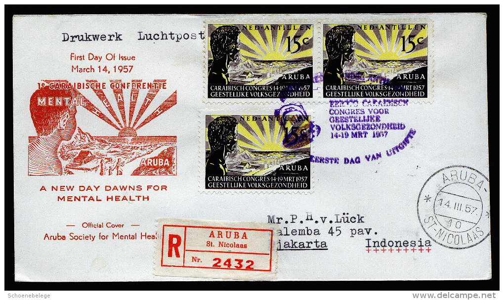 A3750) Netherlands Antilles Registered Cover From Aruba 14.3.57 To Djakarta - Curacao, Netherlands Antilles, Aruba