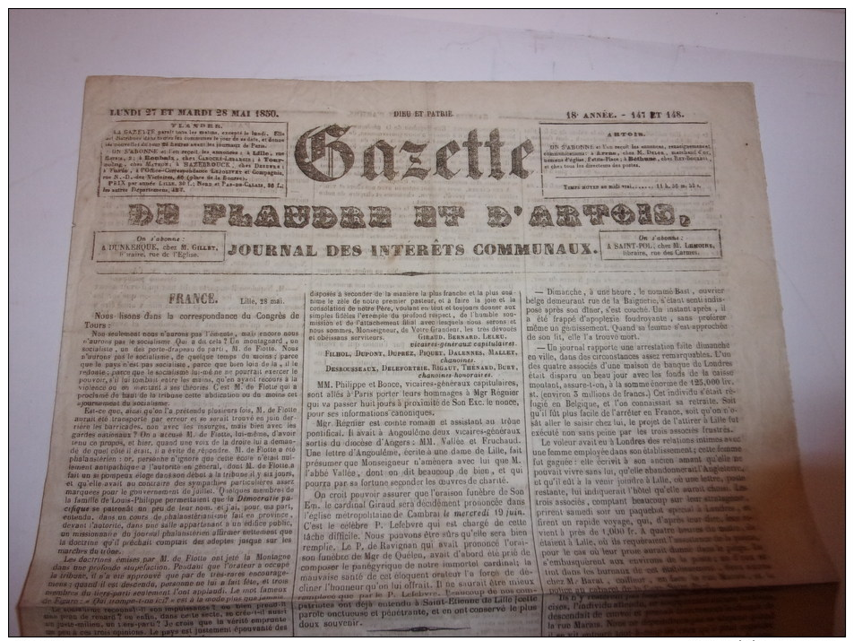 La Gazette De Flandre Et D'Artois. Journal Des Intérêts Communaux. Lundi 27 Et Mardi 28 Mai 1850. - 1850 - 1899