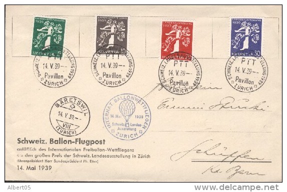 Internat. BallonwettfliegenSchweis Landes-Ausstellung Zurich  14 Mai 1939 - Schweis Ballon-Flugpost - Storia Postale