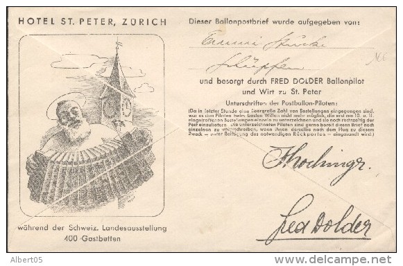 Internat. BallonwettfliegenSchweis Landes-Ausstellung Zurich  14 Mai 1939 - Schweis Ballon-Flugpost - Storia Postale