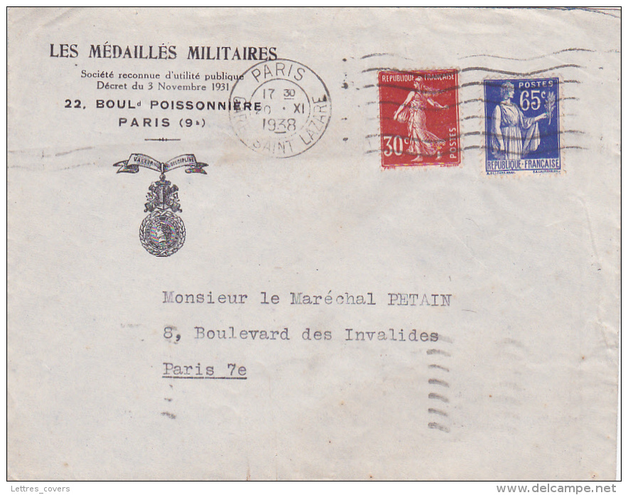 Enveloppe En-tête " LES MEDAILLES MILITAIRES PARIS 9 " ADRESSEE AU MARECHAL PETAIN Bd Des Invalides Paris 7 Semeuse Paix - Documents