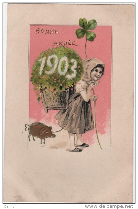 CPA Gaufrée Bonne Année Millésime 1903 Fillette Cochon - Nouvel An