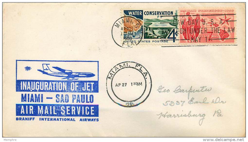 1961  Braniff  First Flight  Miami FL To Sao Paulo Brazil - 3c. 1961-... Covers