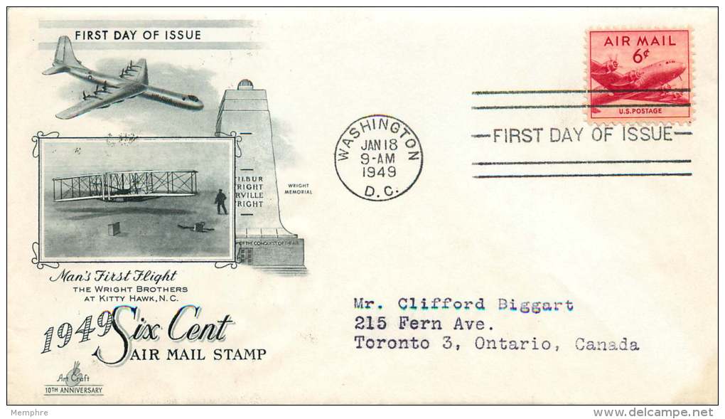 1949  6&cent; Air Mail C39  ArtCraft Cachet  C39 - 1941-1950