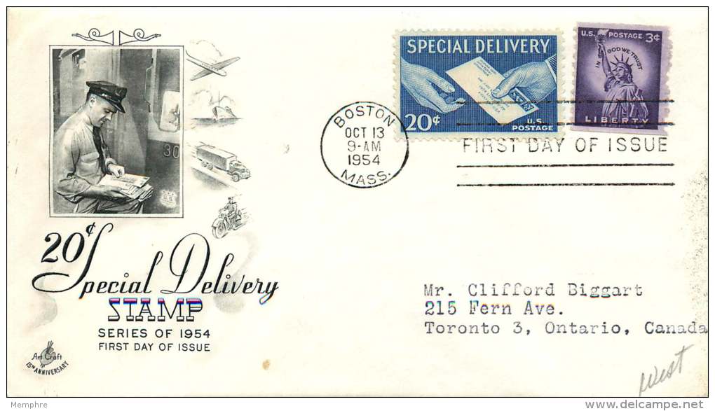 1954  20&cent; Express Delivery  Sc E20 On FDC To Canada - Special Delivery, Registration & Certified