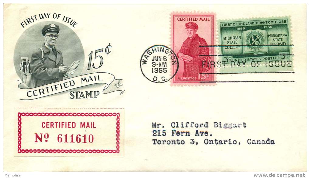 1955  Certified Mail 15&cent;  On Certified FDC To Canada - Expres & Aangetekend