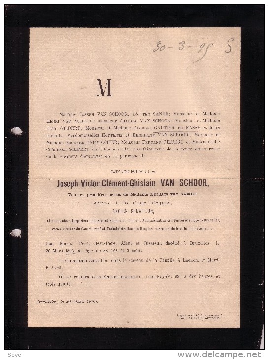 BRUXELLES Joseph VAN SCHOOR Ancien Sénateur 88 Ans En 1895 Ancien Administrateur ULB Biens à Grand-Manil Gembloux - Avvisi Di Necrologio