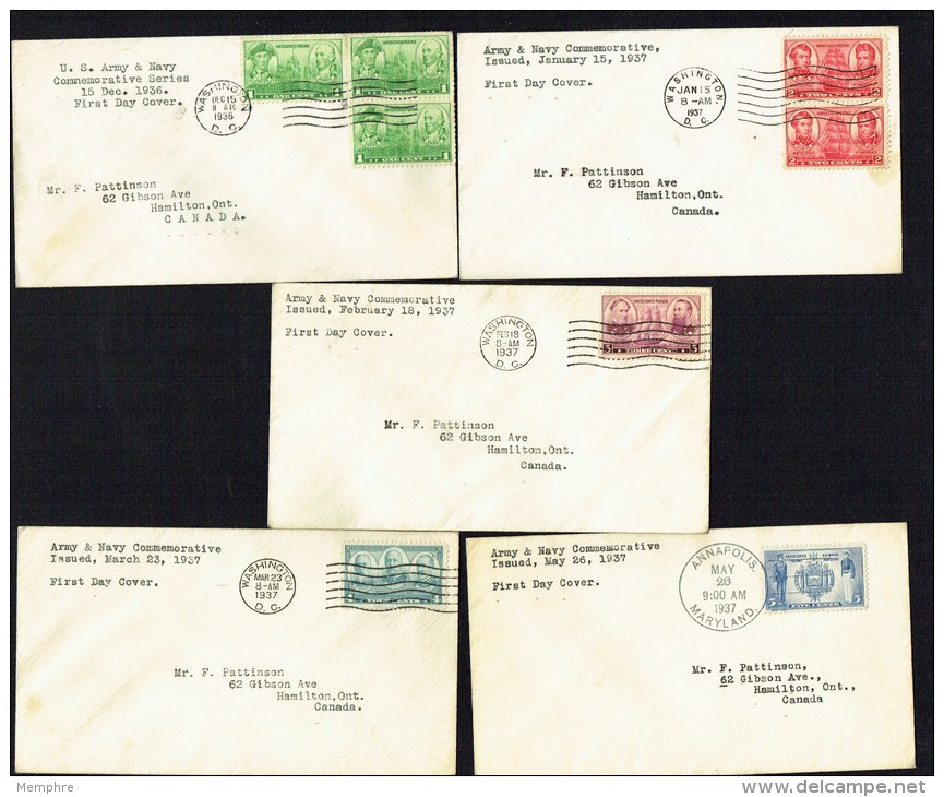 1936   Navy  Issue Set Of 5 Matched FDCs To Canada  Sc 790-4 - 1851-1940