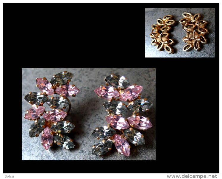 Superbes Anciennes Boucles Clips En Strass Des Années 40/ Old French Costume Jewellerystrass Pink And Grey Earrings - Boucles D'oreilles