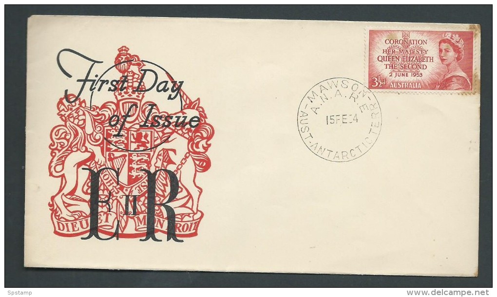 Australian Antarctic Territory 1954 Mawson Base 3 & 1/d Coronation First Day Of Issue Cover , Unaddressed - Other & Unclassified